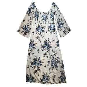 Womens Cottagecore Maxi Dress Size XL White Blue Floral Bell Sleeves Smocked
